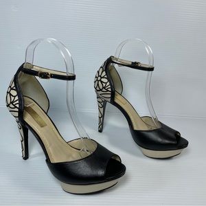 Marua Women's Heel 4" Stilettos Sz 6 M Black & Tan Embroidered Flowers